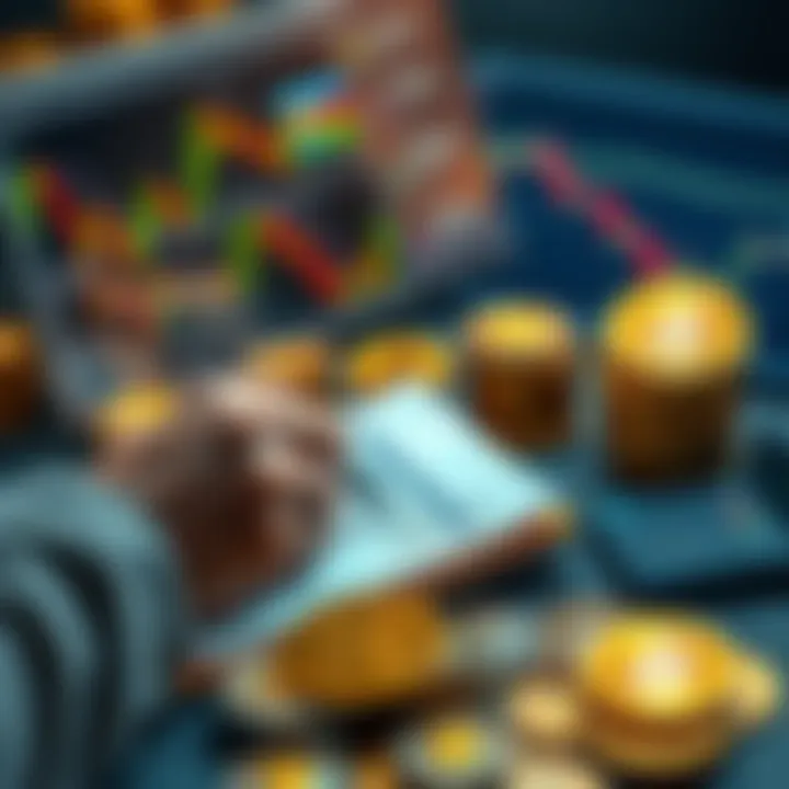 A person analyzing Bitcoin charts and making notes on a notepad, surrounded by Bitcoin coins and a calculator