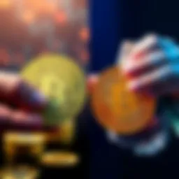 A split image showing Bitcoin coins on one side and a person holding cash on the other, representing staking and holding choices.