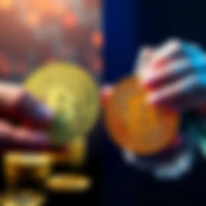 A split image showing Bitcoin coins on one side and a person holding cash on the other, representing staking and holding choices.