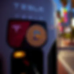 Close-up of a Bitcoin sticker placed on a Tesla supercharger in Los Angeles
