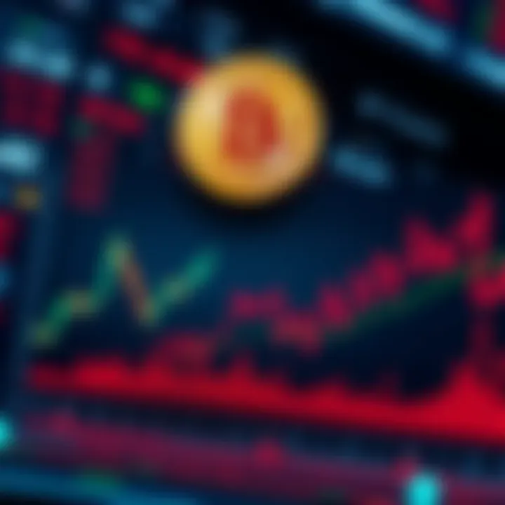 A chart showing Bitcoin prices declining while stock prices rise, illustrating their differing market trends