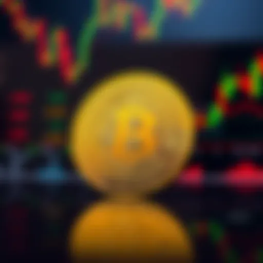 A shiny Bitcoin coin sits prominently in front of stock market charts and graphs, symbolizing the contrast between cryptocurrency and traditional investments.