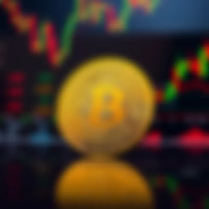 A shiny Bitcoin coin sits prominently in front of stock market charts and graphs, symbolizing the contrast between cryptocurrency and traditional investments.