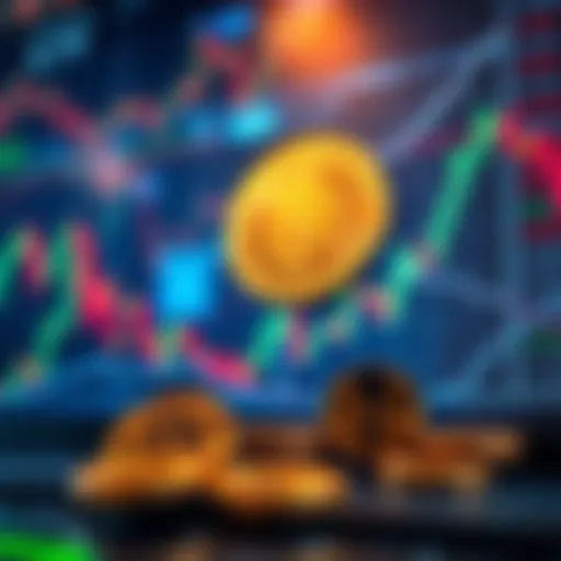 A graphic showing the relationship between Bitcoin fluctuations and stock market trends, with candlestick charts and digital coins.