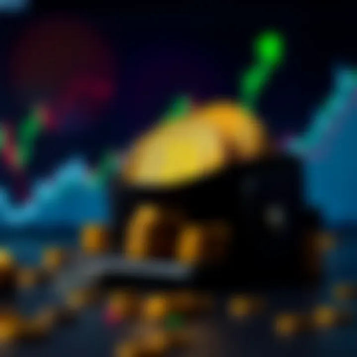 An open wallet filled with Bitcoin coins and a chart showing upward trend lines in the background.