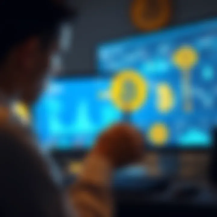 A person looking at a computer screen displaying Coinbase and Bitcoin graphics with a worried expression