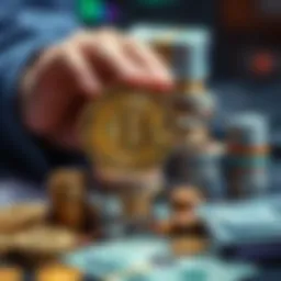 A person holding a Bitcoin coin with stacks of traditional coins and bills in the background, highlighting the contrast between Bitcoin and fiat currency.