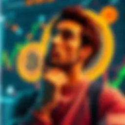 A person contemplating investment strategies with Bitcoin graphics in the background