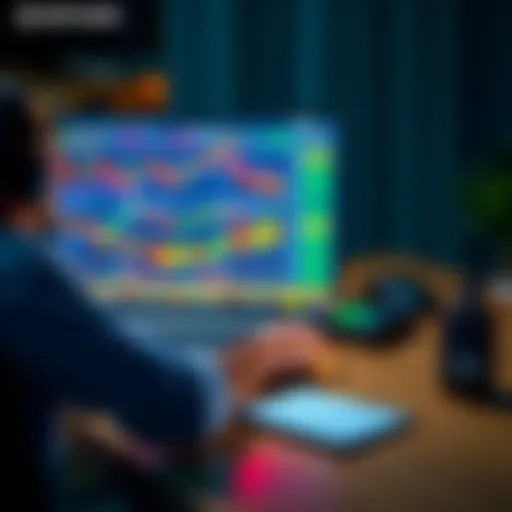 A person sits at a desk, looking at a laptop displaying Bitcoin charts and stock market information, with a Trezor wallet nearby and a notepad for investment notes.