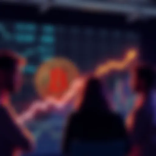 A graphic showing a Bitcoin symbol with a downward trend line and worried community members discussing in the background.