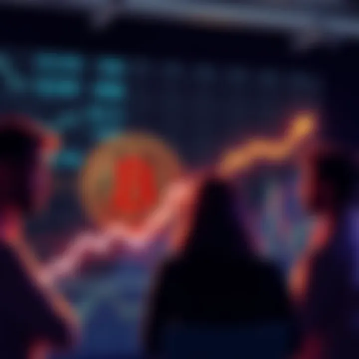 A graphic showing a Bitcoin symbol with a downward trend line and worried community members discussing in the background.