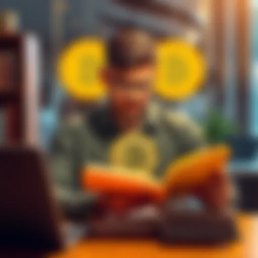 A person studying Bitcoin with books and a laptop, looking confident but confused about cryptocurrency market trends.