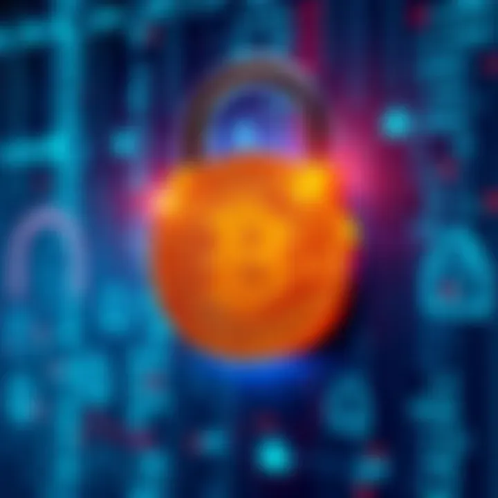 A digital lock symbolizing bitcoin-style encryption, with binary code and padlocks in the background, representing security and privacy in transactions.
