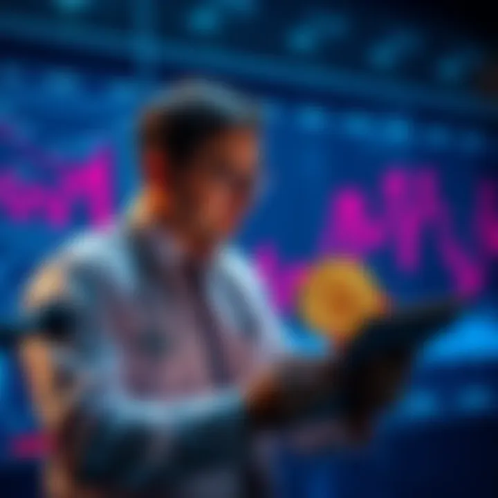 A financial advisor evaluates Bitcoin as an investment option for superannuation firms with charts and graphs in the background.