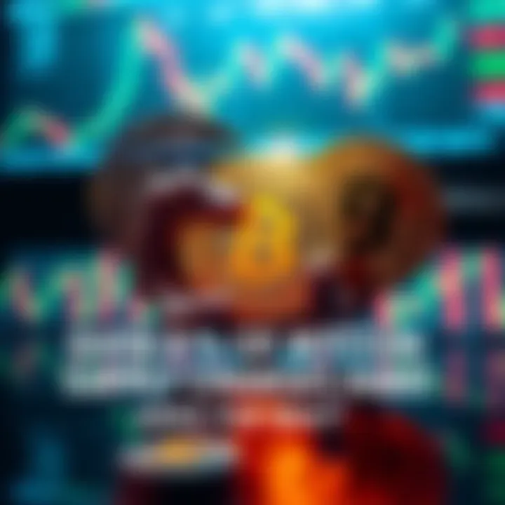 Visual representation of Bitcoin coins changing hands against a backdrop of financial charts and indicators, highlighting market volatility and anticipation of the Fed's decision.