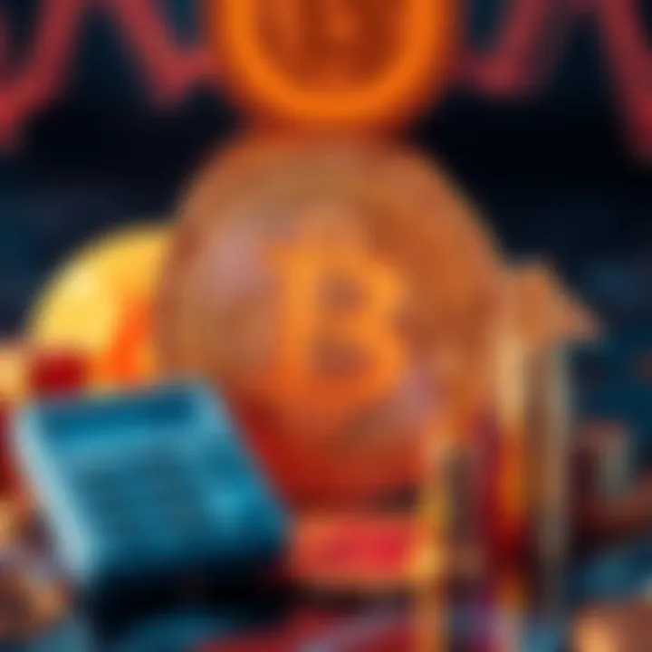 Bitcoin Supply Concept A visual representation of Bitcoin's total supply limit of 21 million, with Bitcoin symbols and a calculator to represent analysis of its significance.