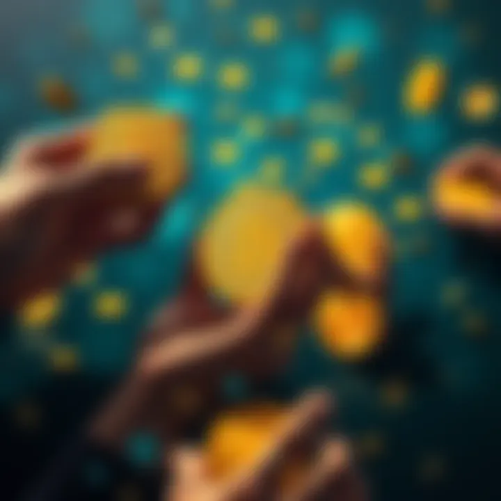 A visual of Bitcoin coins being held by a few large hands, while smaller hands struggle to hold onto their coins.