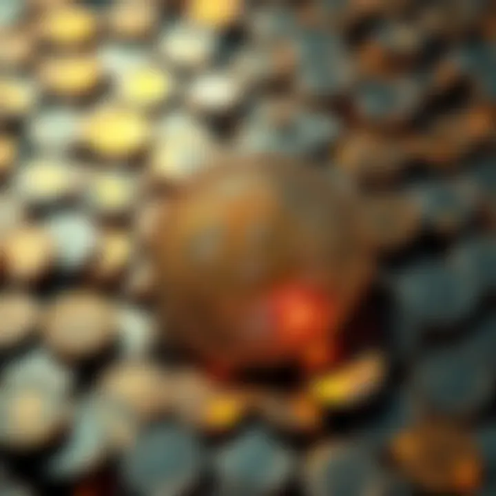 A shiny Bitcoin surrounded by a digital representation of 21 million coins, symbolizing Bitcoin's supply cap