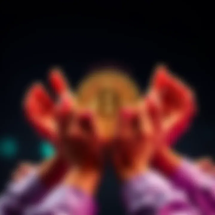 Bitcoin symbol with strong support A Bitcoin symbol surrounded by supportive hands, symbolizing community strength despite doubts.