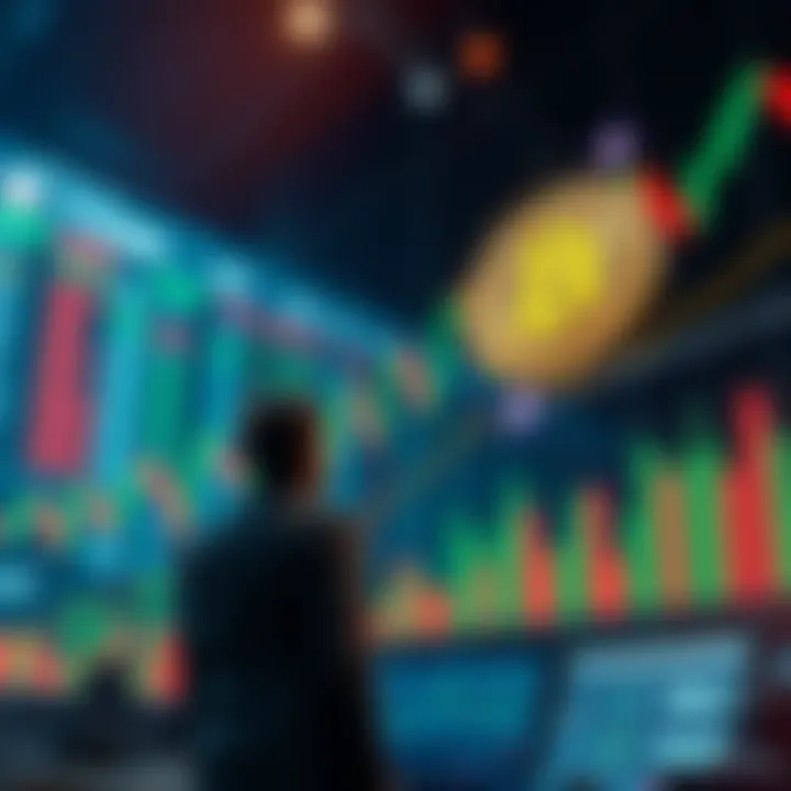 Bitcoin approaching a critical support line on a price chart with traders observing market trends.