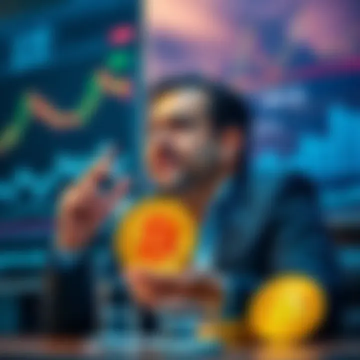 Person Discussing Bitcoin A person passionately defending Bitcoin in a discussion, surrounded by charts and graphs illustrating cryptocurrency trends.