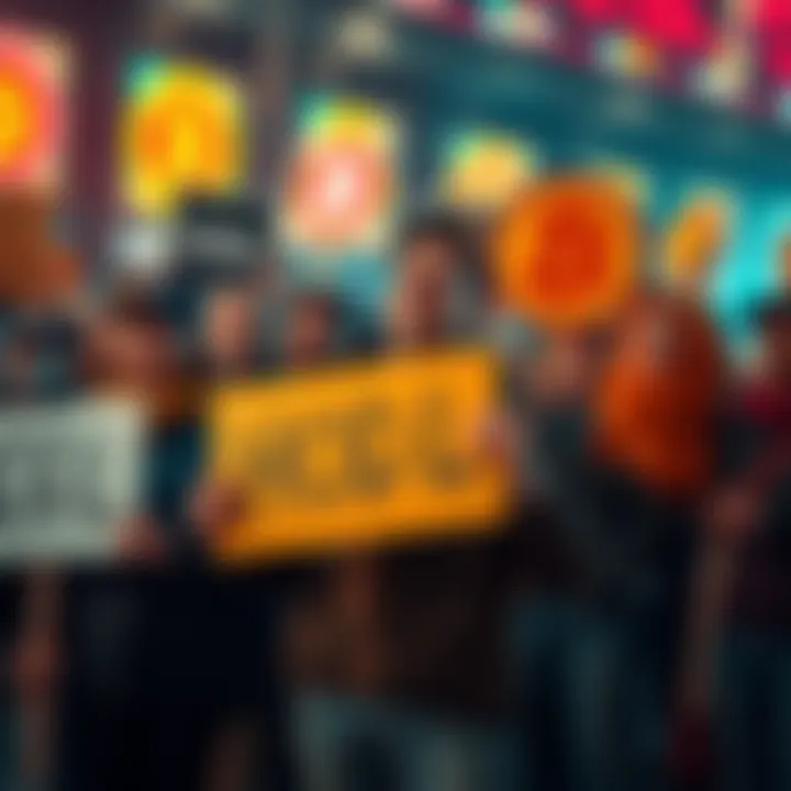 A group of Bitcoin supporters holding signs with 'HODL' and encouraging each other during market fluctuations