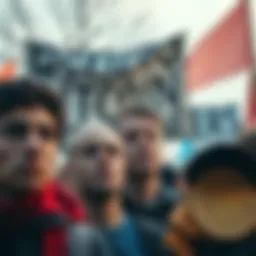 A group of bitcoin supporters looking concerned, with a protest banner in the background that reads 'Death to Bitcoiners'