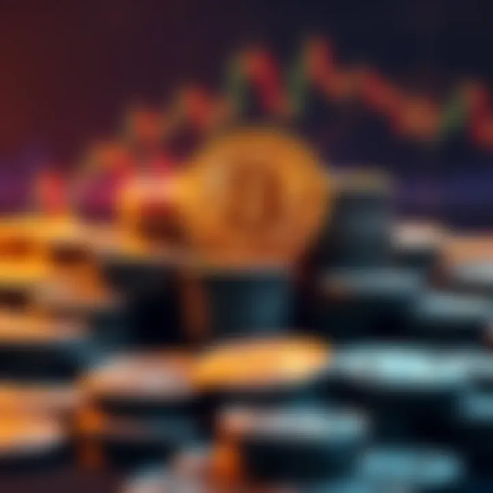 A graphical representation of Bitcoin price rising sharply with a background of Bitcoin coins stacked together, symbolizing strong demand and market optimism.