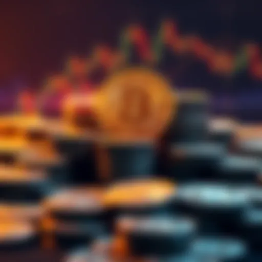 Bitcoin Surge A graphical representation of Bitcoin price rising sharply with a background of Bitcoin coins stacked together, symbolizing strong demand and market optimism.