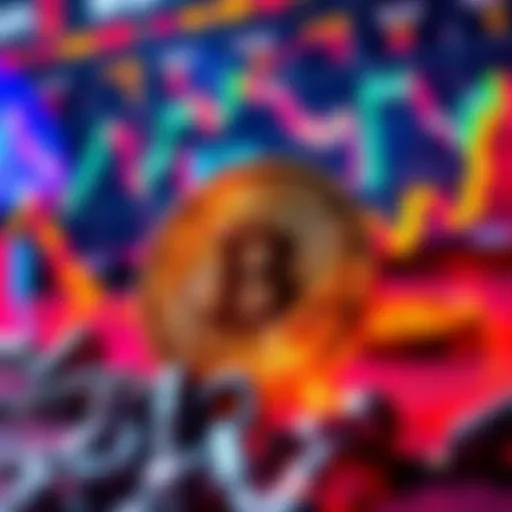 Bitcoin symbol rising, with $69K displayed prominently. Background shows stock market graphs indicating volatility.