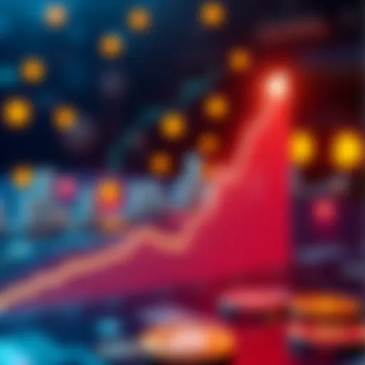 A graph showing Bitcoin price sharply rising, with an upward trend line and digital currency symbols in the background.