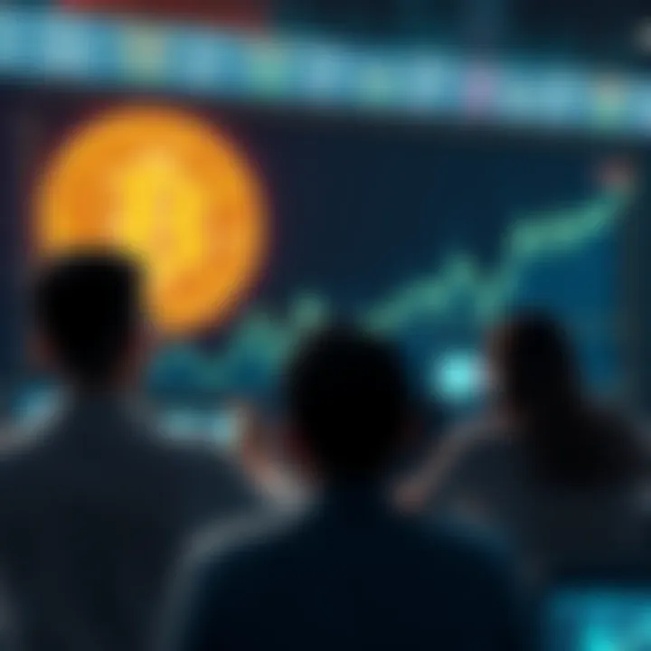 A graph showing Bitcoin's rising value with a backdrop of distressed traders looking at screens in disbelief.