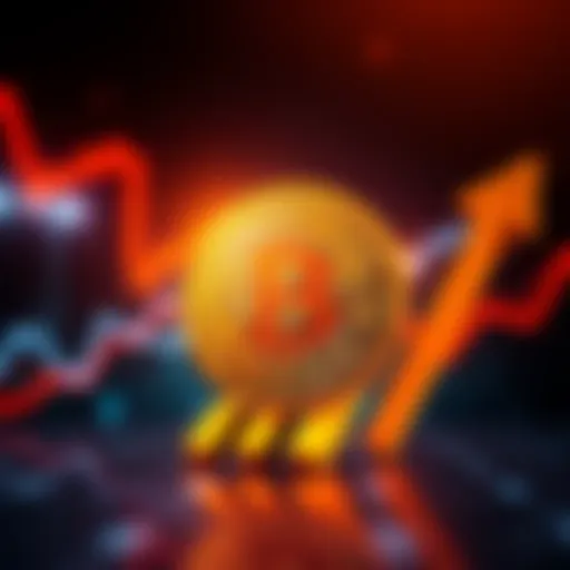 A Bitcoin symbol in front of a rising arrow, symbolizing the surge to $82K
