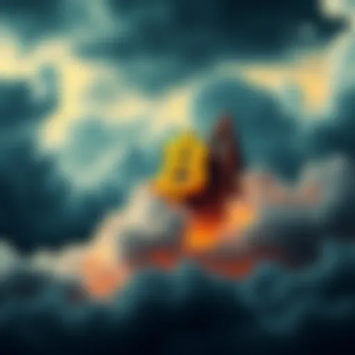 A rising Bitcoin symbol surrounded by stormy clouds, representing resilience against global turmoil.