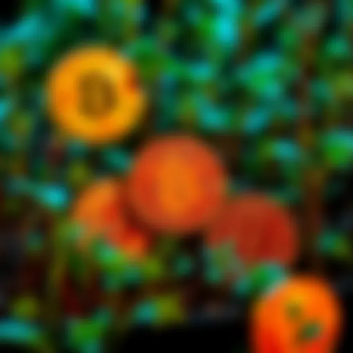 A graphic showing Bitcoin symbols surrounded by green plants, representing wealth and sustainability.