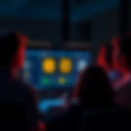 A group of people looking at a computer screen displaying various cryptocurrency exchange platforms with Bitcoin symbols