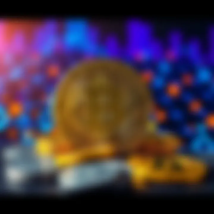 Bitcoin Symbol and Currency A digital representation of the Bitcoin symbol with coins and a blockchain background, illustrating the concept of decentralized finance.