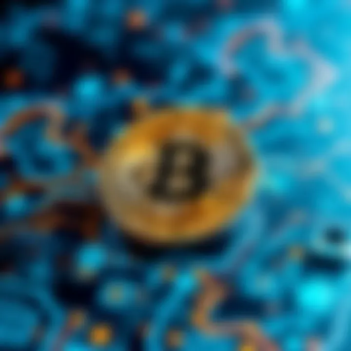 A Bitcoin symbol surrounded by blockchain graphics, illustrating the concept of cryptocurrency technology without recruitment