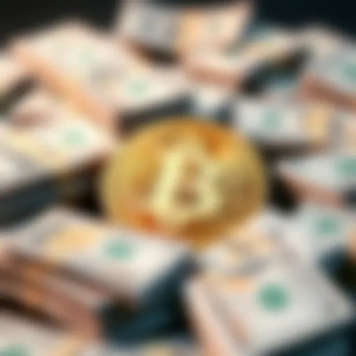 Bitcoin Symbol with Dollar Bills A Bitcoin symbol surrounded by stacks of dollar bills, representing financial growth and independence.