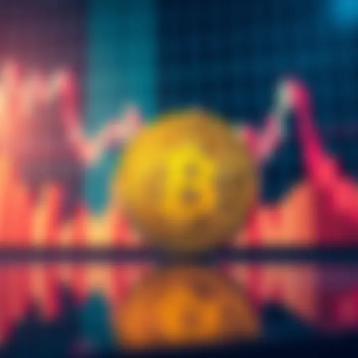 A Bitcoin symbol in front of a fluctuating stock market graph, representing its volatility and resilience against economic issues.
