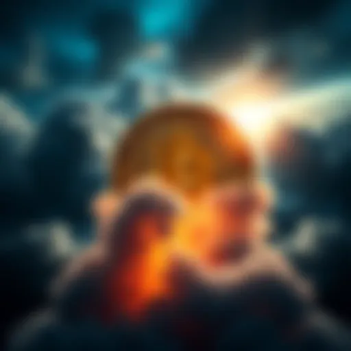 A Bitcoin symbol with a bright glow surrounded by dark clouds, representing its resilience against skepticism and challenges.