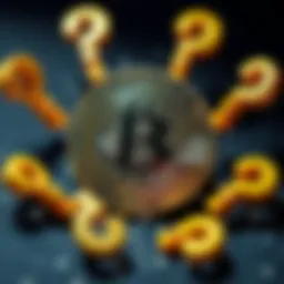 A Bitcoin symbol surrounded by question marks, illustrating uncertainty in its future in the market.