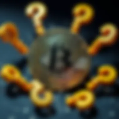 A Bitcoin symbol surrounded by question marks, illustrating uncertainty in its future in the market.