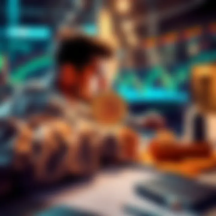 A person considering selling Bitcoin on a laptop, with financial graphs and tax documents around them.