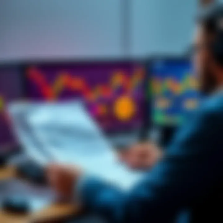 A person reviewing tax forms while looking at Bitcoin charts on a computer