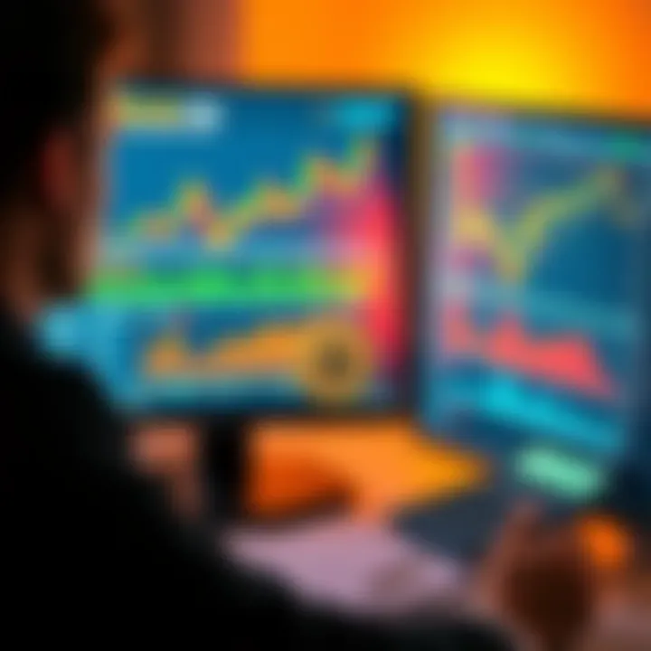 A person looking at a computer screen displaying Bitcoin graphs and tax forms, with a calculator beside them.