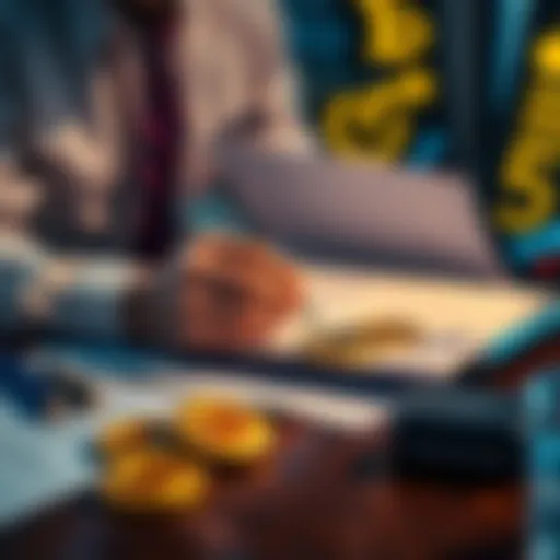 A person reviewing tax documents with Bitcoin coins on the table