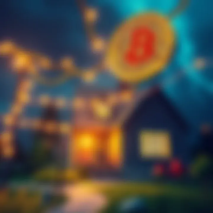 An illustration showing Bitcoin symbols intertwined with electrical wires and a home with lights on, representing the concept of Bitcoin generating electricity.