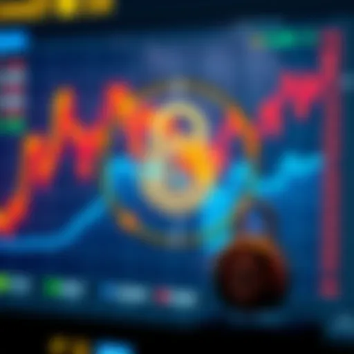 A digital interface showing a locked terminal screen with Bitcoin price charts in the background, indicating price peaks and a lock symbol.