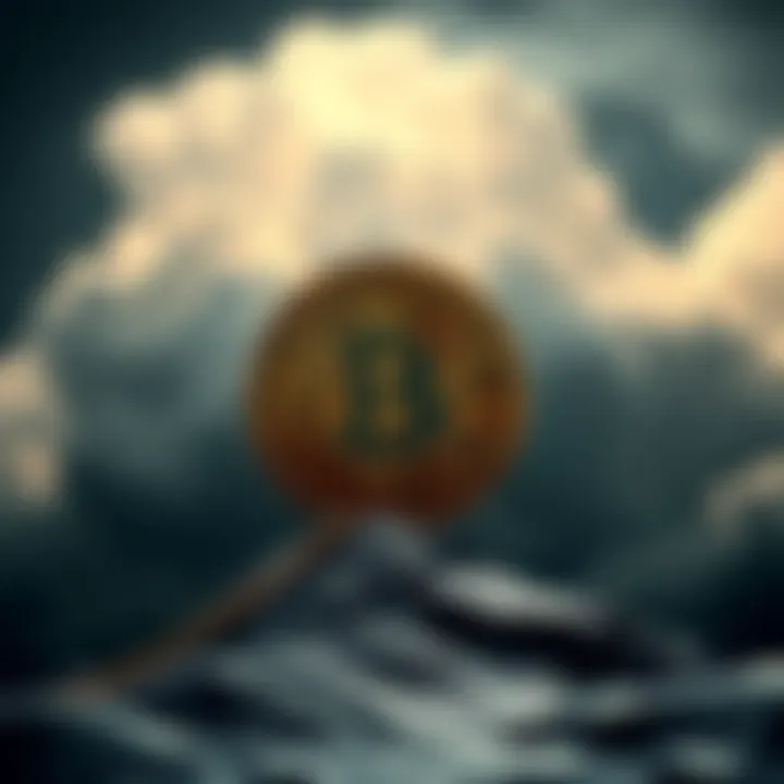 A Bitcoin symbol standing strong amid stormy clouds representing fear tactics from institutions.